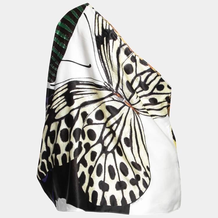 Pre Owned Roberto Cavalli Multicolor Abstract Butterfly Print Silk One Shoulder Blouse L
