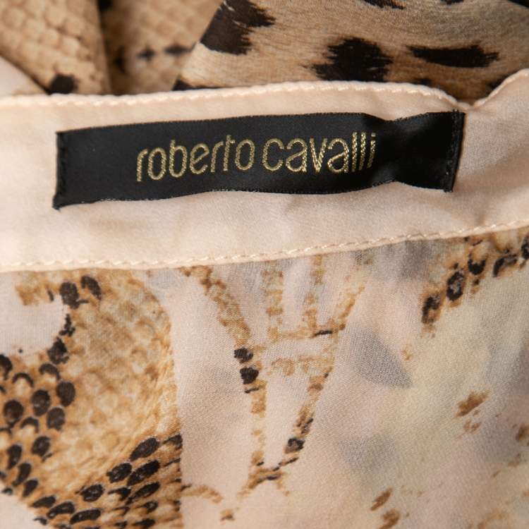 Pre Owned Roberto Cavalli Beige Animal Printed Silk Tie Front Blouse M