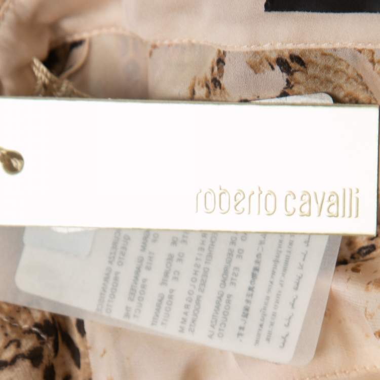 Pre Owned Roberto Cavalli Beige Animal Printed Silk Tie Front Blouse M