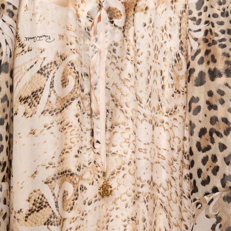 Pre Owned Roberto Cavalli Beige Animal Printed Silk Tie Front Blouse M