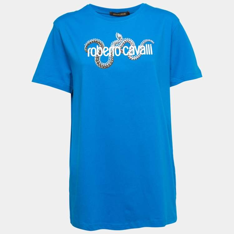 Pre Owned Roberto Cavalli Blue Snake and Logo Print Cotton T-Shirt XL