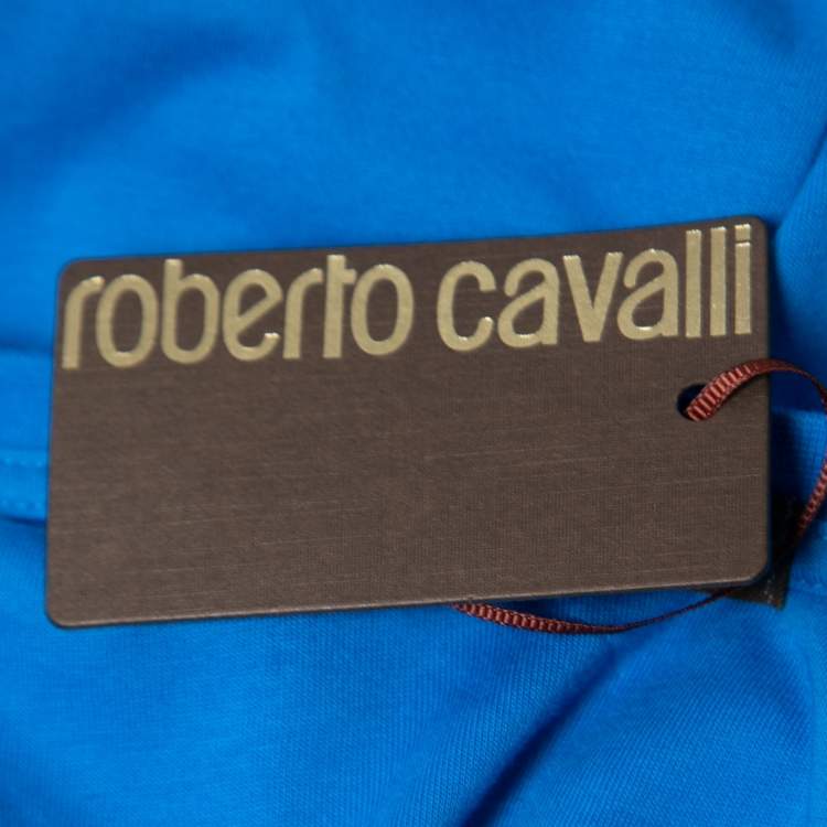 Pre Owned Roberto Cavalli Blue Snake and Logo Print Cotton T-Shirt XL
