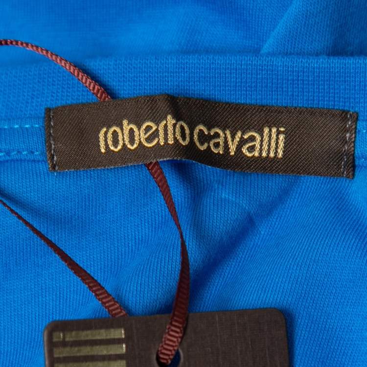 Pre Owned Roberto Cavalli Blue Snake and Logo Print Cotton T-Shirt XL