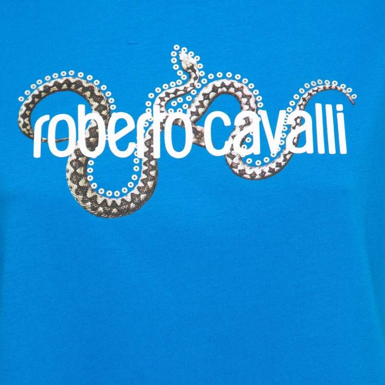 Pre Owned Roberto Cavalli Blue Snake and Logo Print Cotton T-Shirt XL