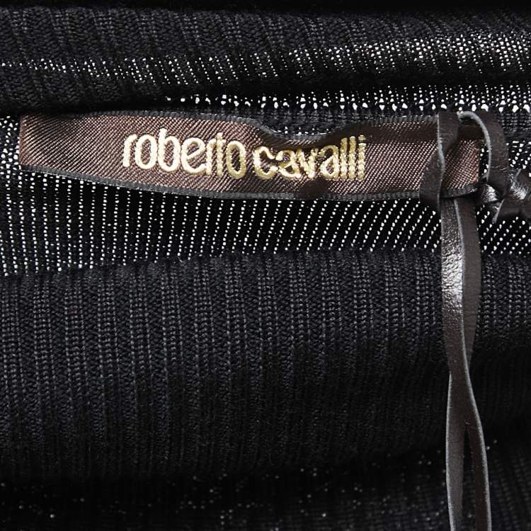 Pre Owned Roberto Cavalli Black Knit Contrast Printed Silk Sleeves High Neck Sweater M