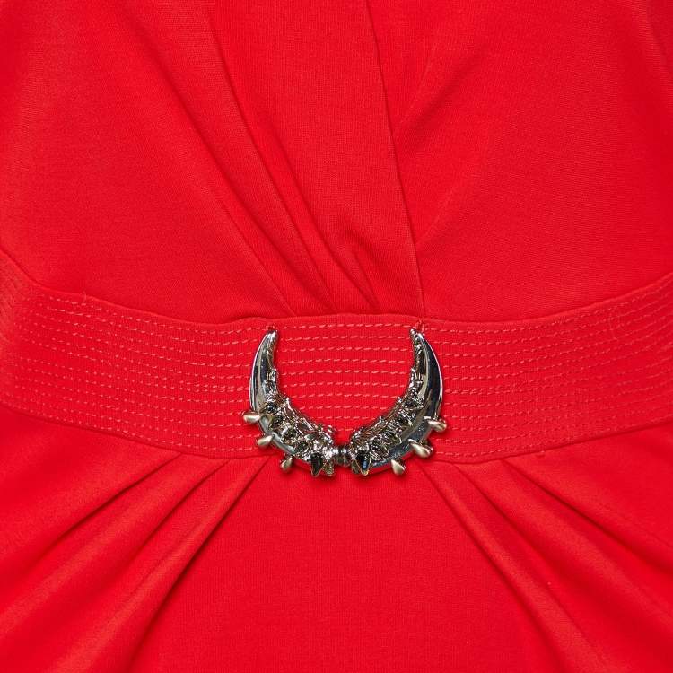 Pre Owned Roberto Cavalli Red Jersey Long Sleeve Midi Dress M