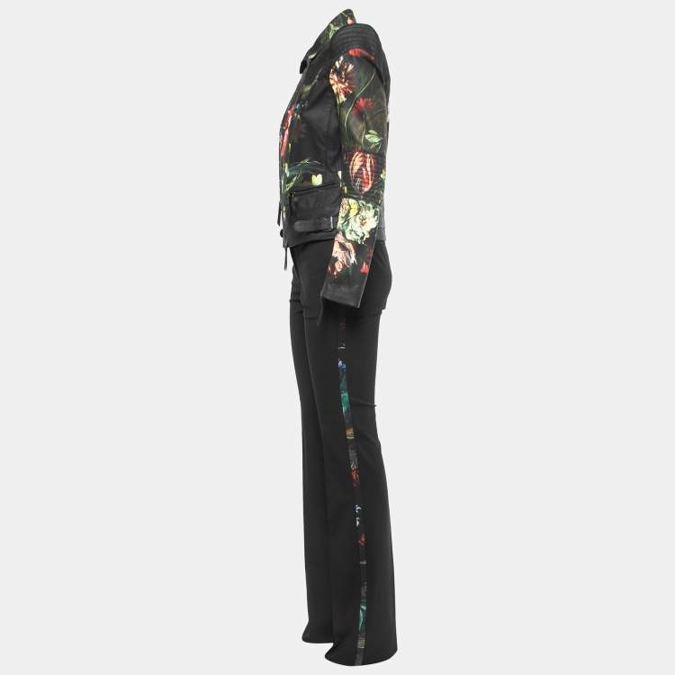 Pre Owned Roberto Cavalli Black Leather Painted Jacket & Slim Fit Pants M