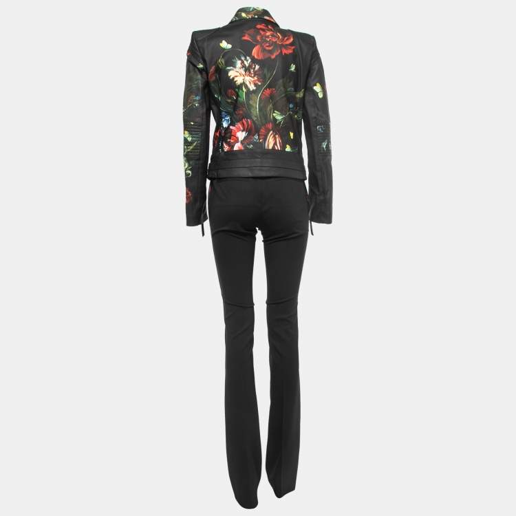 Pre Owned Roberto Cavalli Black Leather Painted Jacket & Slim Fit Pants M
