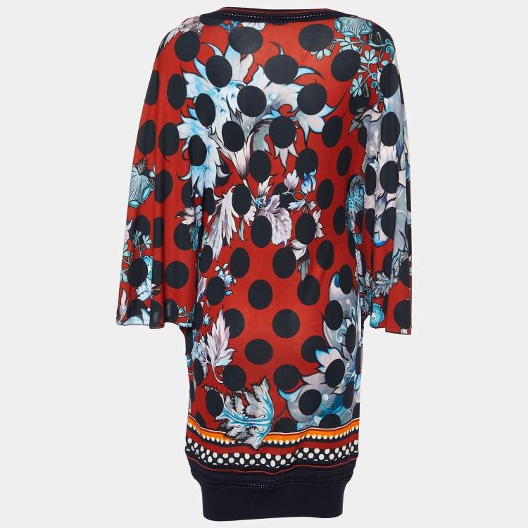 Pre Owned Roberto Cavalli Red Floral Printed Jersey & Knit Trim Mini Dress M