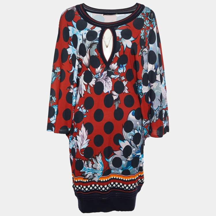 Pre Owned Roberto Cavalli Red Floral Printed Jersey & Knit Trim Mini Dress M