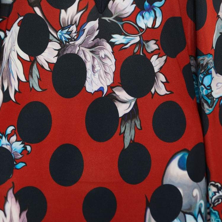 Pre Owned Roberto Cavalli Red Floral Printed Jersey & Knit Trim Mini Dress M