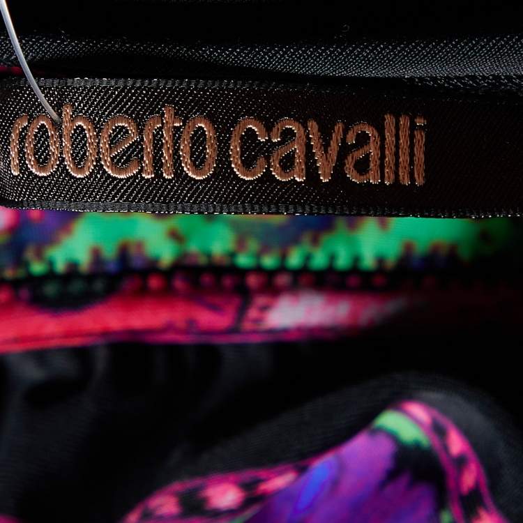 Pre Owned Roberto Cavalli Black Floral Printed Jersey V-Neck Top L