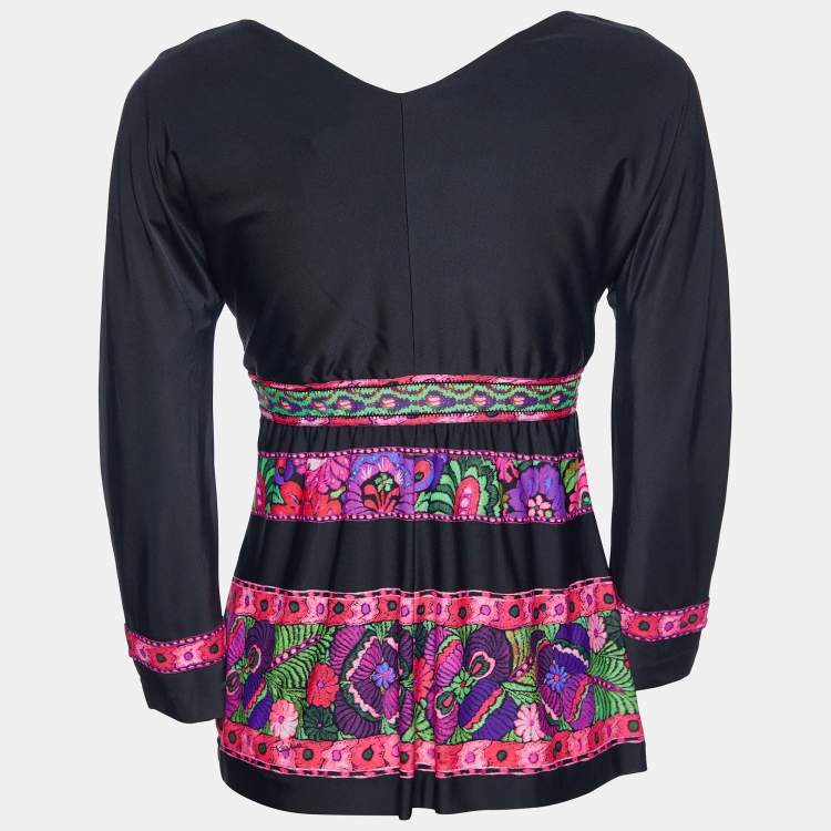 Pre Owned Roberto Cavalli Black Floral Printed Jersey V-Neck Top L