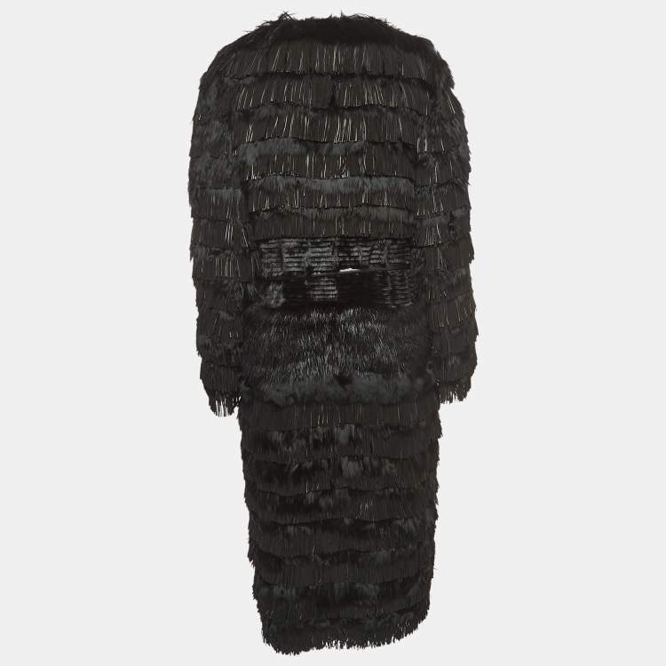 Pre Owned Roberto Cavalli Black Fur Fringed Belted Long  Coat L