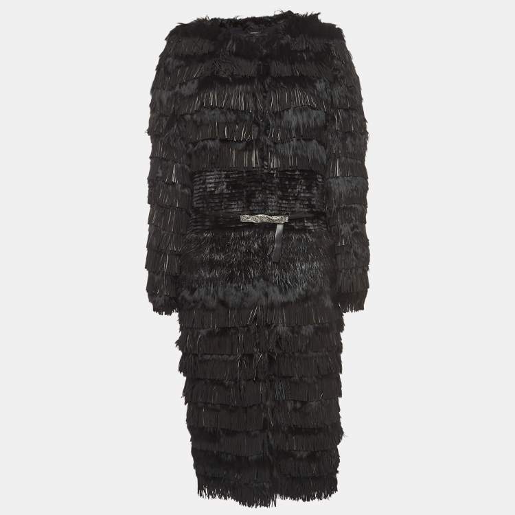 Pre Owned Roberto Cavalli Black Fur Fringed Belted Long  Coat L