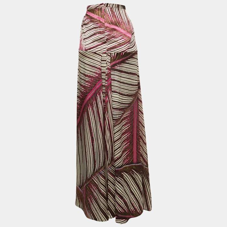 Pre Owned Roberto Cavalli Pink Printed Satin Silk Flared Maxi Skirt S