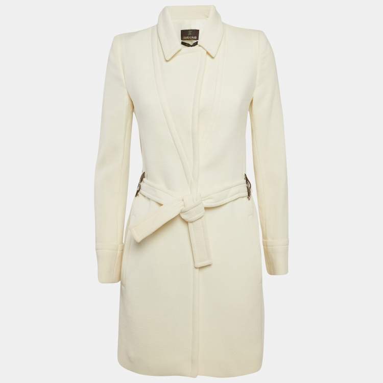 Pre Owned Roberto Cavalli Off White Wool Belted Mid-Length Coat S