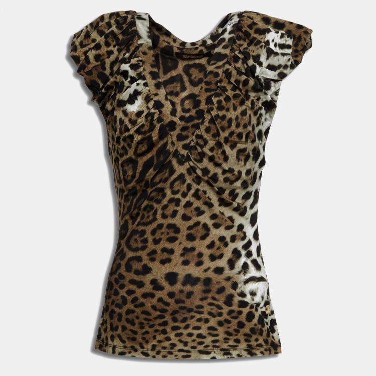 Pre Owned Roberto Cavalli Brown Animal Print Jersey Top M (IT 42)