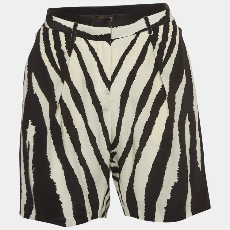 Pre Owned Roberto Cavalli Black/White Zebra Print Silk Pleated Shorts M