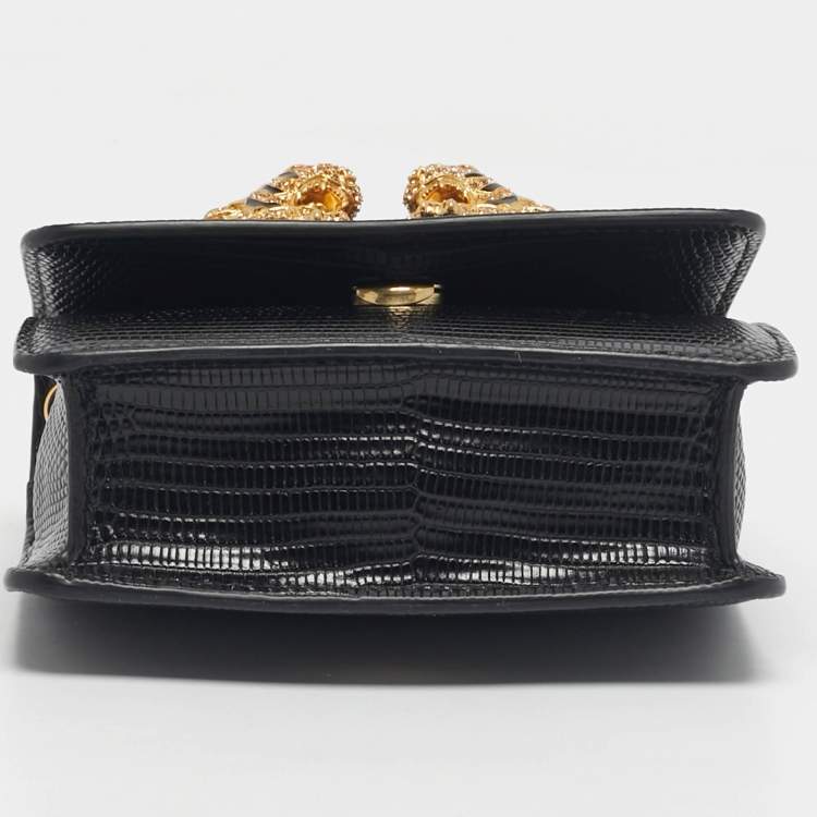 Pre Owned Roberto Cavalli Black Lizard Embossed Leather Small Roar Top Handle Bag