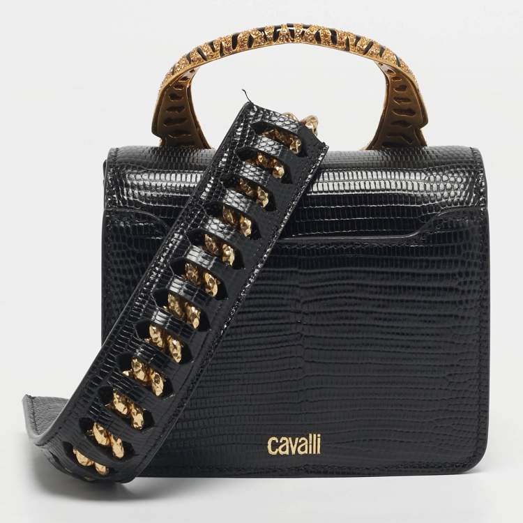 Pre Owned Roberto Cavalli Black Lizard Embossed Leather Small Roar Top Handle Bag