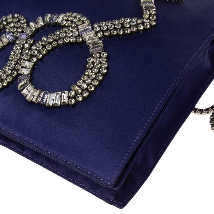 Pre Owned Roberto Cavalli Blue Satin Embellished Chain Clutch