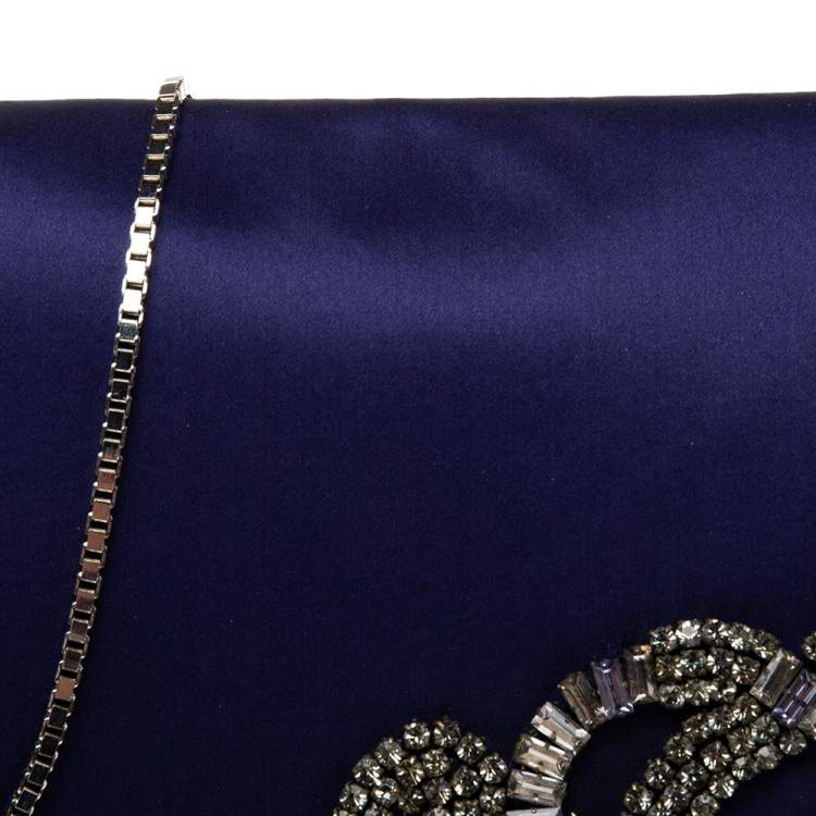 Pre Owned Roberto Cavalli Blue Satin Embellished Chain Clutch