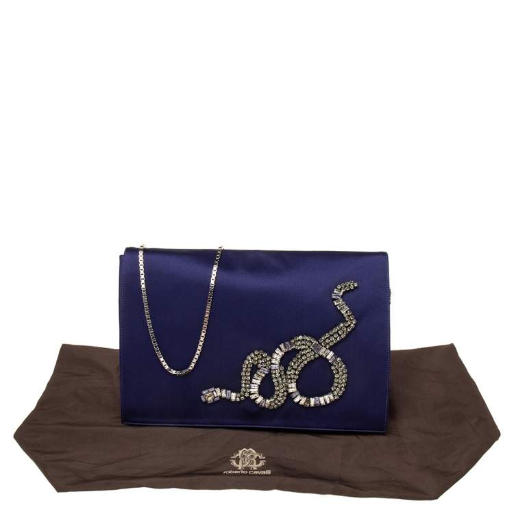 Pre Owned Roberto Cavalli Blue Satin Embellished Chain Clutch