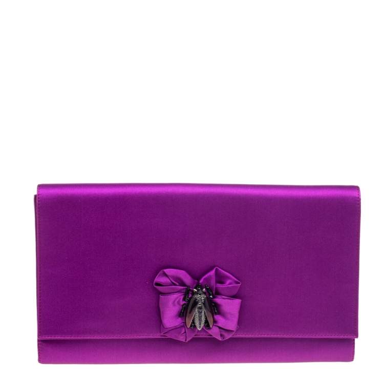 Pre Owned Roberto Cavalli Purple Satin Bee Embellished Clutch