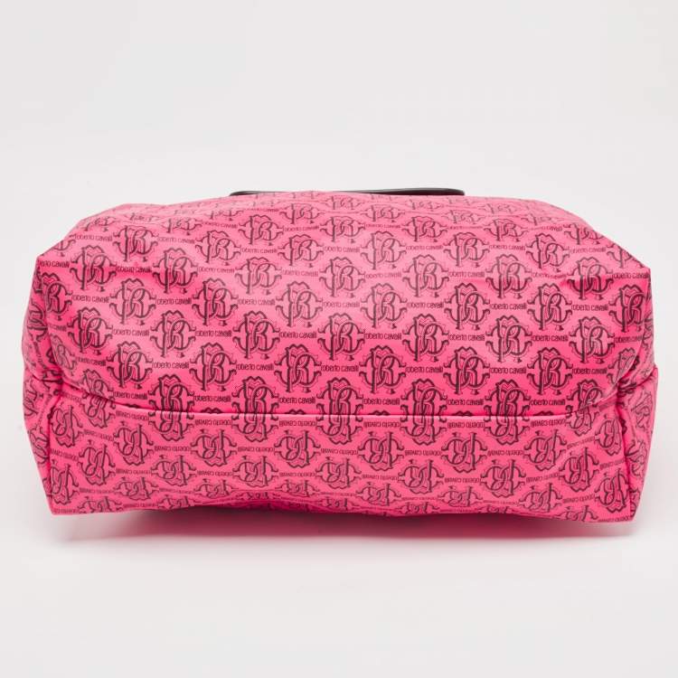 Pre Owned Roberto Cavalli Pink/Brown Monogram Nylon and Leather Front Pouch Tote 