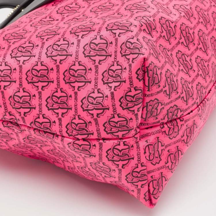Pre Owned Roberto Cavalli Pink/Brown Monogram Nylon and Leather Front Pouch Tote 