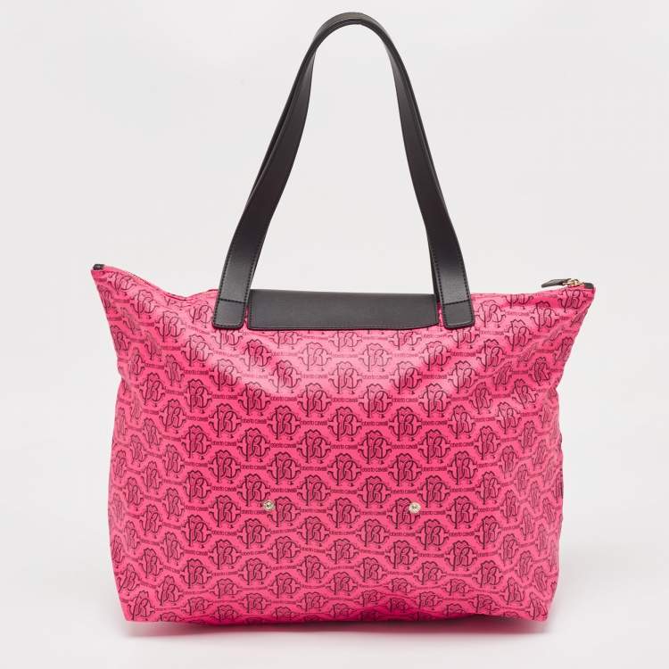 Pre Owned Roberto Cavalli Pink/Brown Monogram Nylon and Leather Front Pouch Tote 