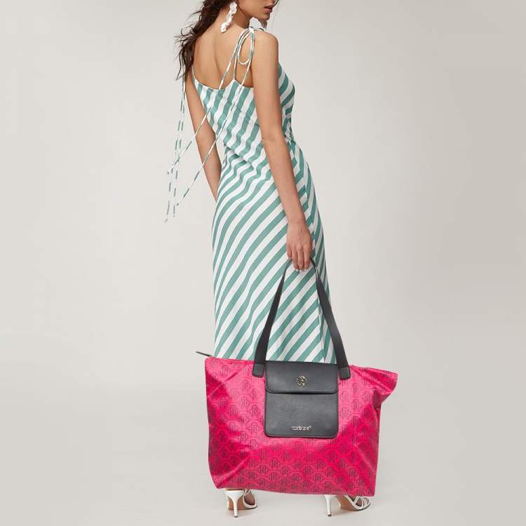 Pre Owned Roberto Cavalli Pink/Brown Monogram Nylon and Leather Front Pouch Tote 