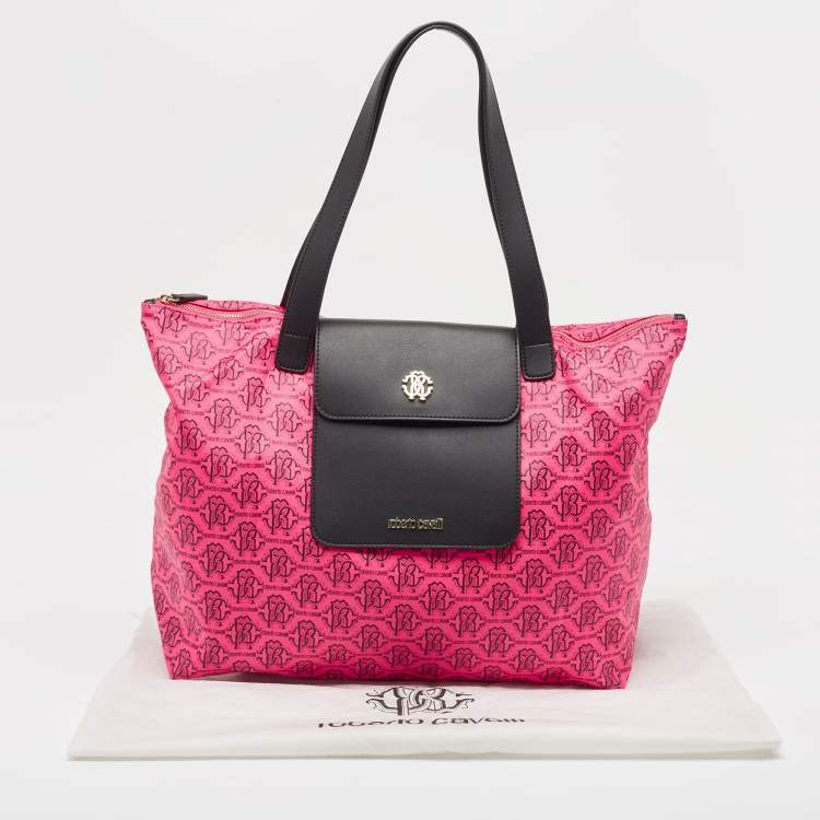 Pre Owned Roberto Cavalli Pink/Brown Monogram Nylon and Leather Front Pouch Tote 