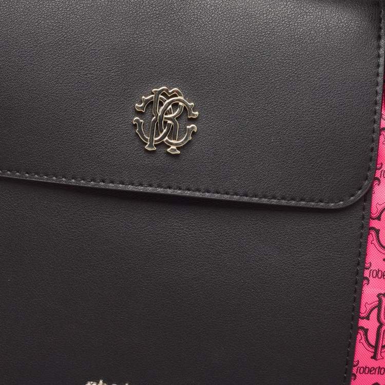 Pre Owned Roberto Cavalli Pink/Brown Monogram Nylon and Leather Front Pouch Tote 