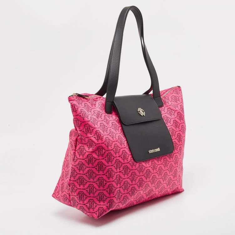 Pre Owned Roberto Cavalli Pink/Brown Monogram Nylon and Leather Front Pouch Tote 