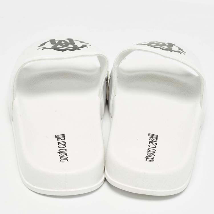 Pre Owned Roberto Cavalli White Rubber Flat Slides Size 42