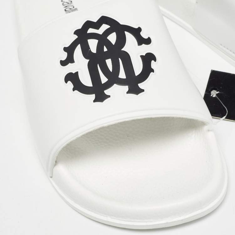 Pre Owned Roberto Cavalli White Rubber Flat Slides Size 42