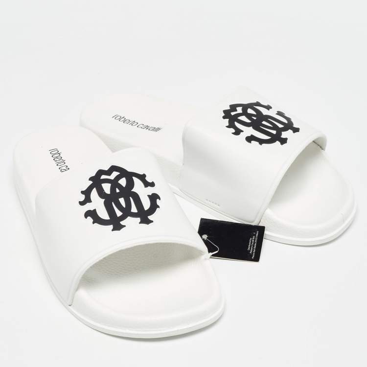 Pre Owned Roberto Cavalli White Rubber Flat Slides Size 42