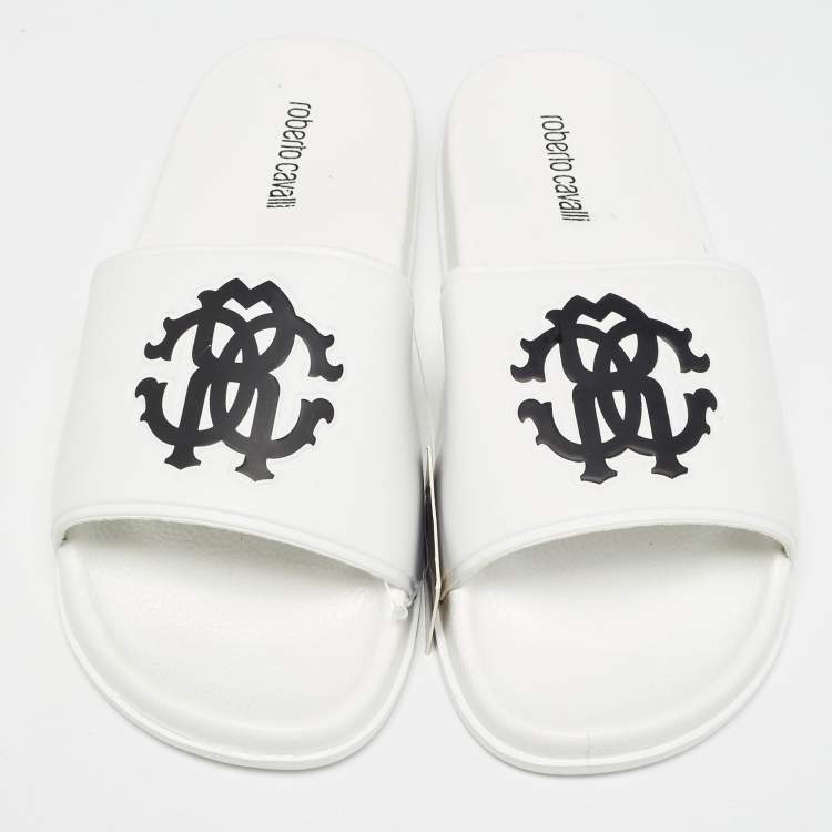 Pre Owned Roberto Cavalli White Rubber Flat Slides Size 42