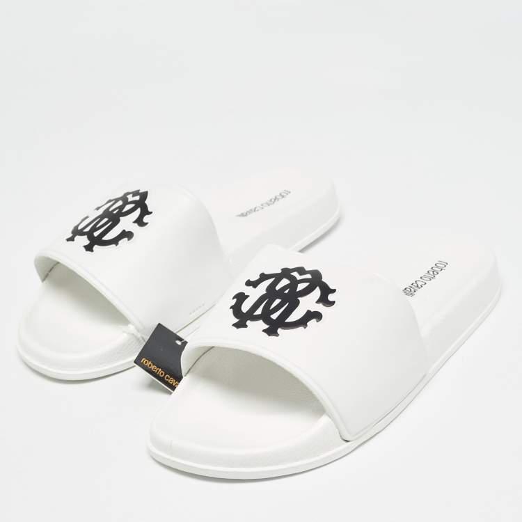 Pre Owned Roberto Cavalli White Rubber Flat Slides Size 42