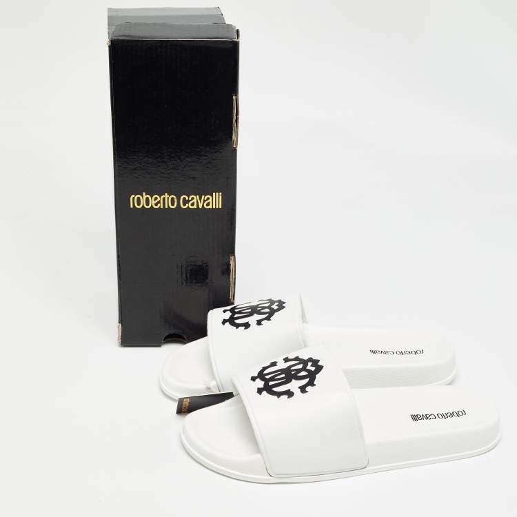 Pre Owned Roberto Cavalli White Rubber Flat Slides Size 42