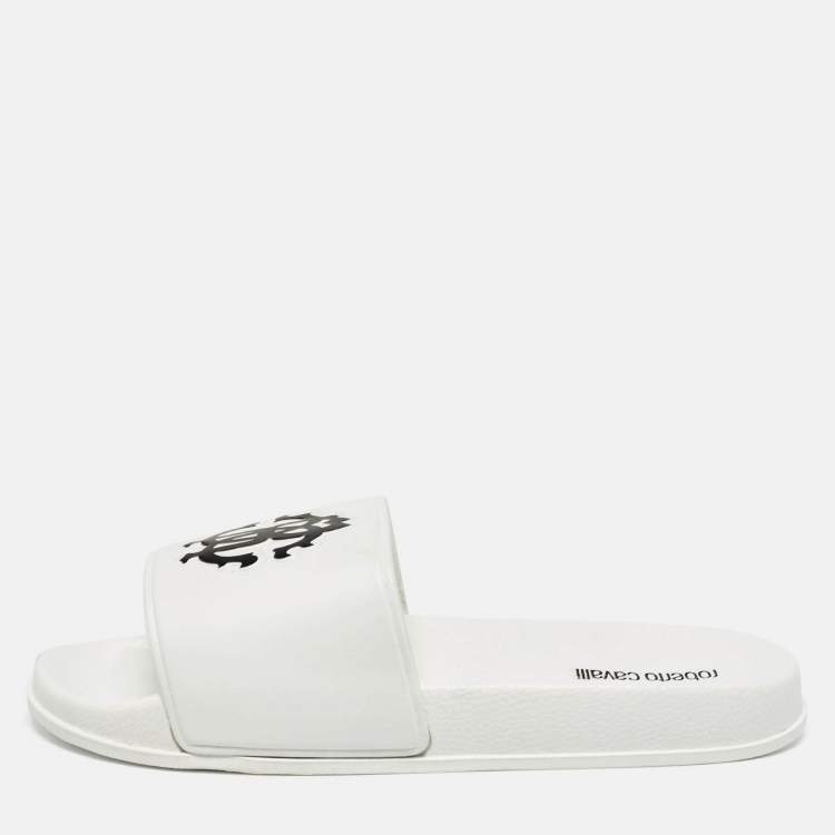 Pre Owned Roberto Cavalli White Rubber Flat Slides Size 42