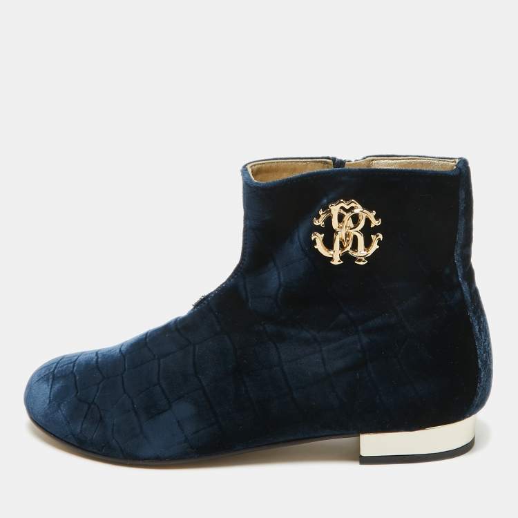 Pre Owned Roberto Cavalli Navy Blue Embossed Croc Velvet Ankle Boots Size 36
