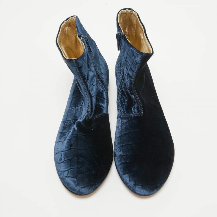 Pre Owned Roberto Cavalli Navy Blue Embossed Croc Velvet Ankle Boots Size 36