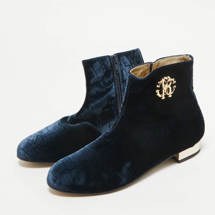 Pre Owned Roberto Cavalli Navy Blue Embossed Croc Velvet Ankle Boots Size 36