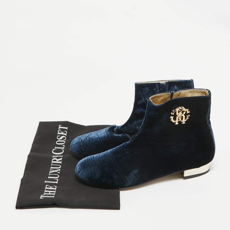 Pre Owned Roberto Cavalli Navy Blue Embossed Croc Velvet Ankle Boots Size 36