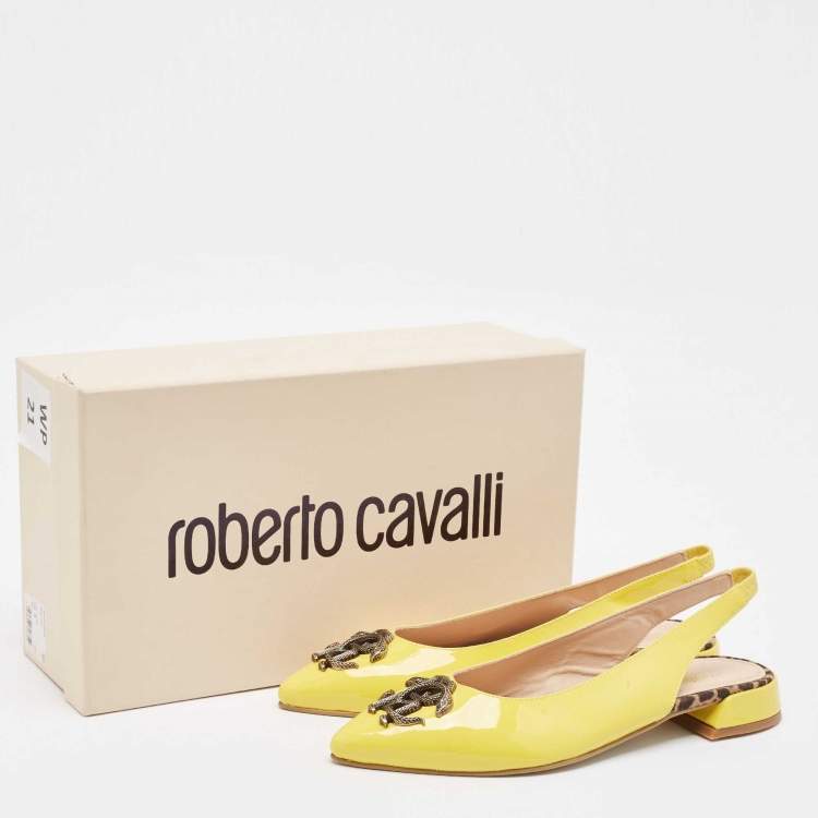 Pre Owned Roberto Cavalli Yellow Patent Leather Snake RC Logo Slingback Ballet Flats Size 39