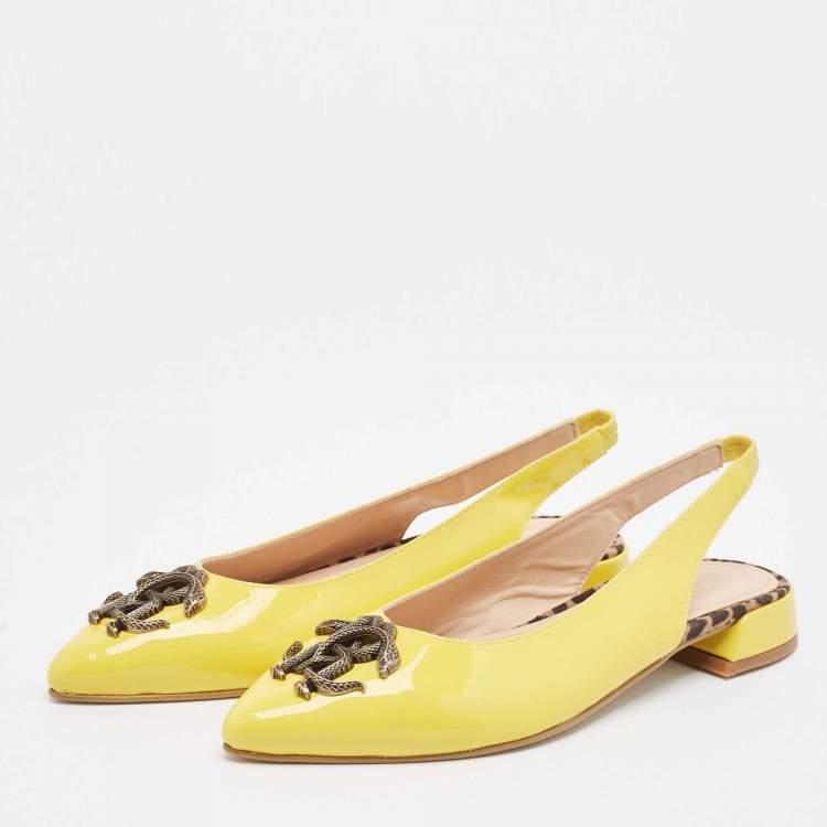 Pre Owned Roberto Cavalli Yellow Patent Leather Snake RC Logo Slingback Ballet Flats Size 39