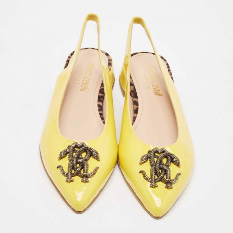 Pre Owned Roberto Cavalli Yellow Patent Leather Snake RC Logo Slingback Ballet Flats Size 39